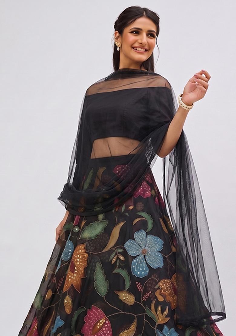 Black Solid Organza Lehenga Set - Indya