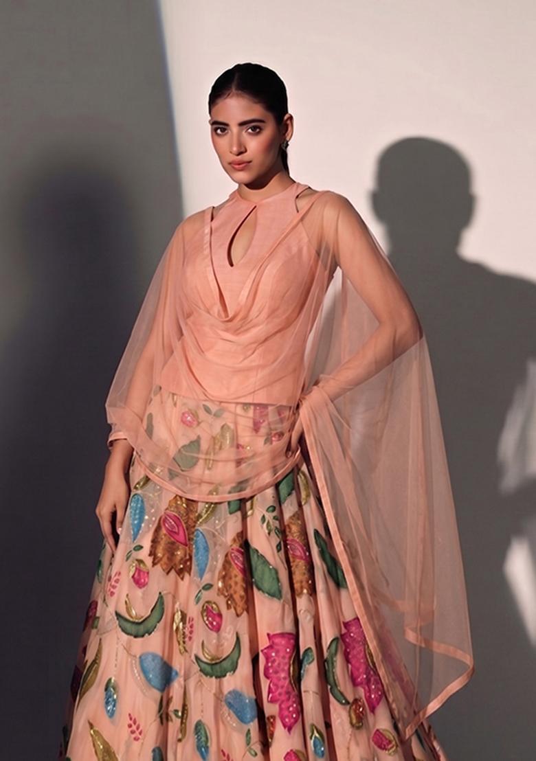 Peach Solid Organza Lehenga Set - Indya