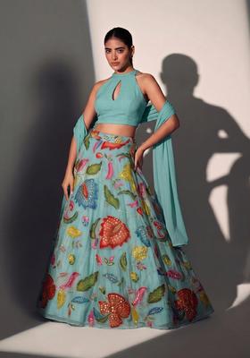 Dusty Blue Solid Organza Lehenga Set