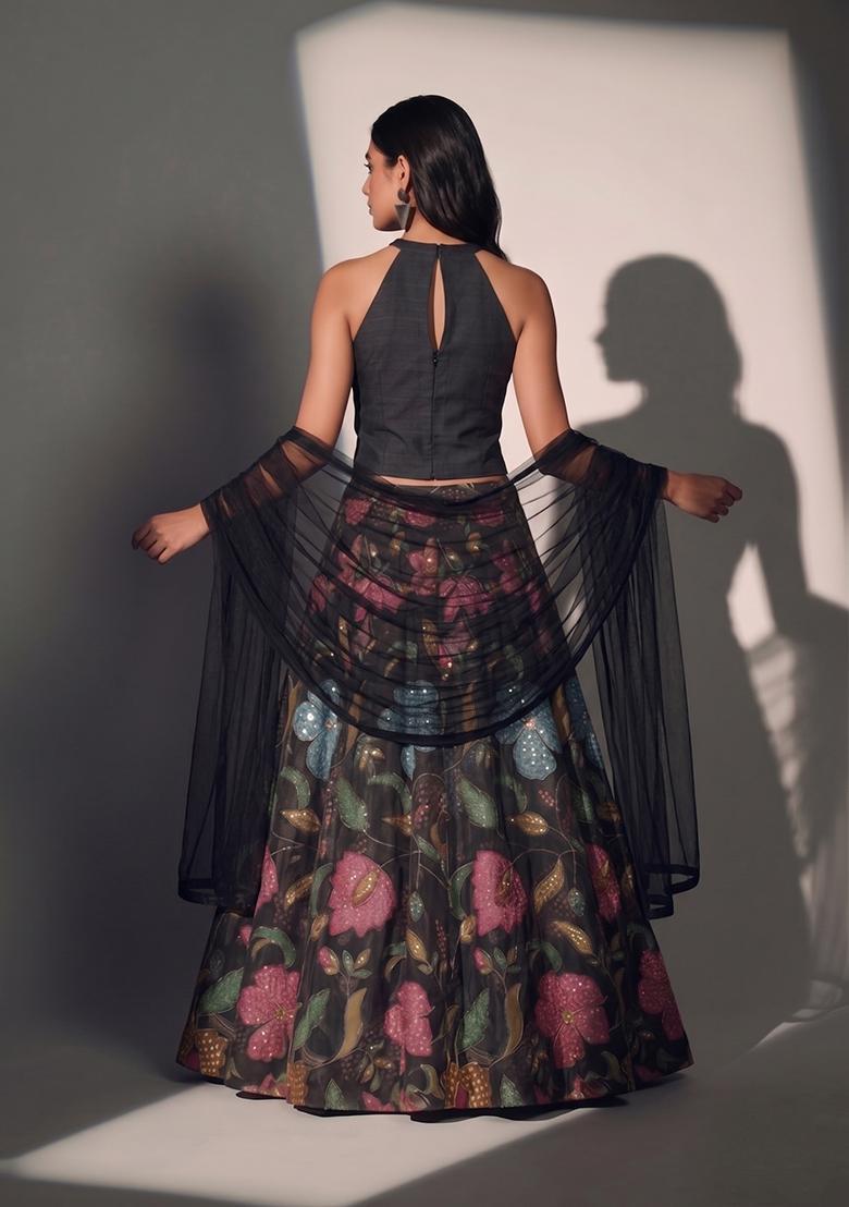 Black Solid Organza Lehenga Set - Indya