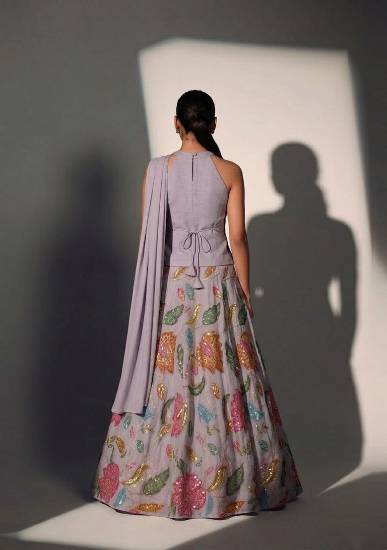 Dusty Mauve Solid Organza Lehenga Set - Indya