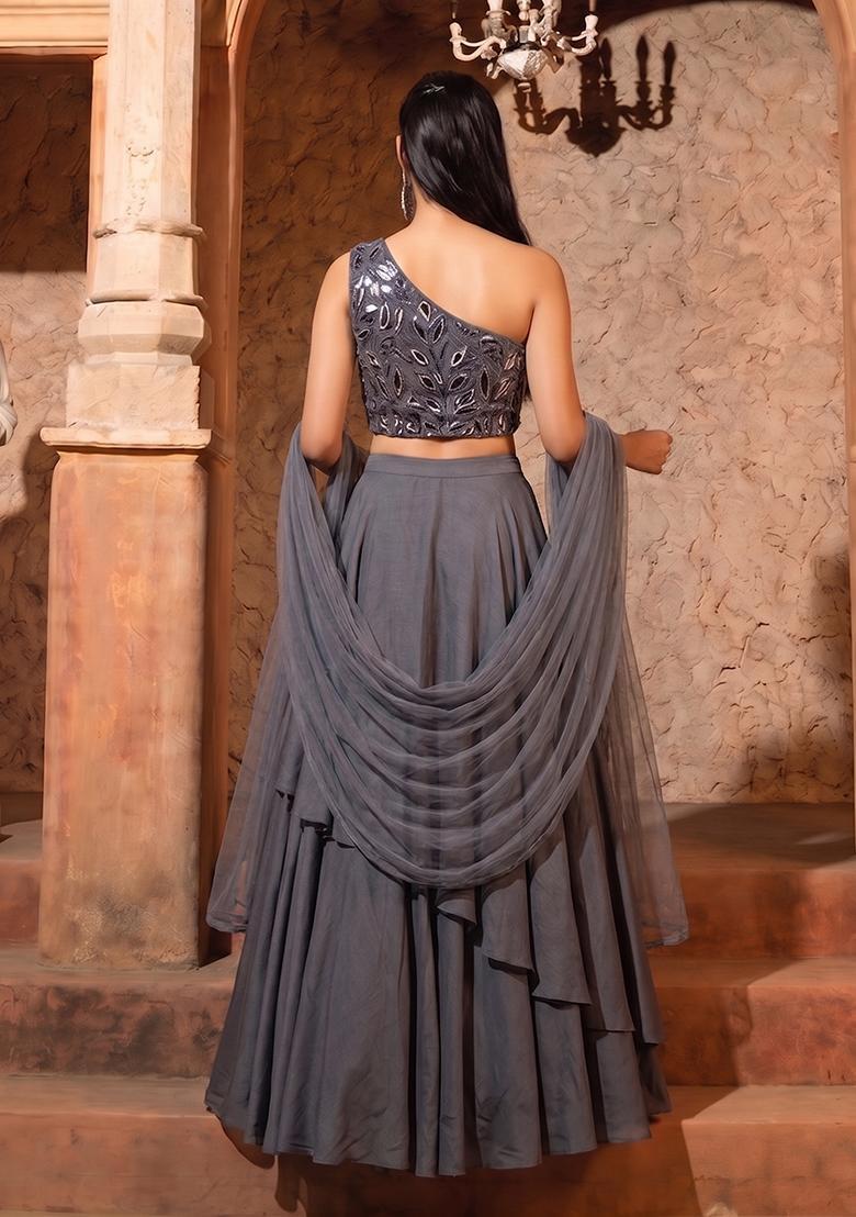 Charcoal Grey Mirror Net Lehenga Set - Indya