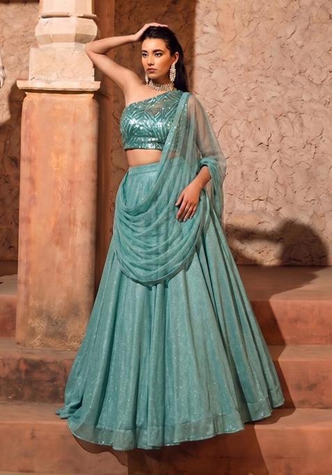 Mint Sequin Net Lehenga Set
