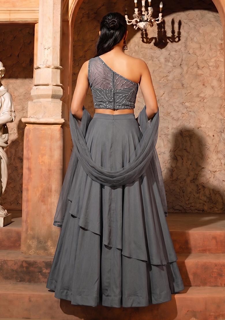 Charcoal Grey Embellished Net Lehenga Set - Indya