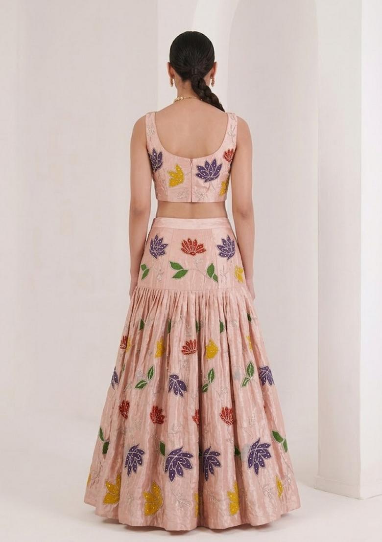 Peach Printed Tissue Lehenga Set - Indya