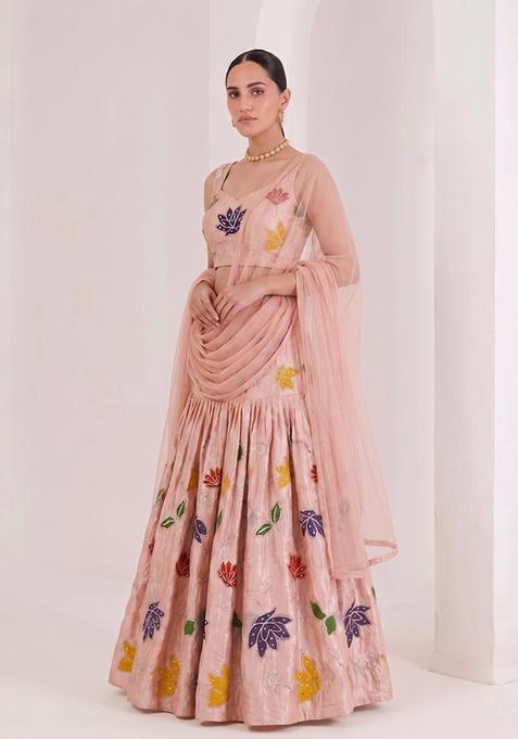 Peach Printed Tissue Lehenga Set