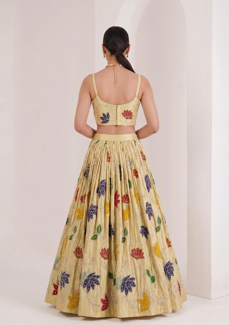 Pastel Yellow Printed Tissue Lehenga Set - Indya