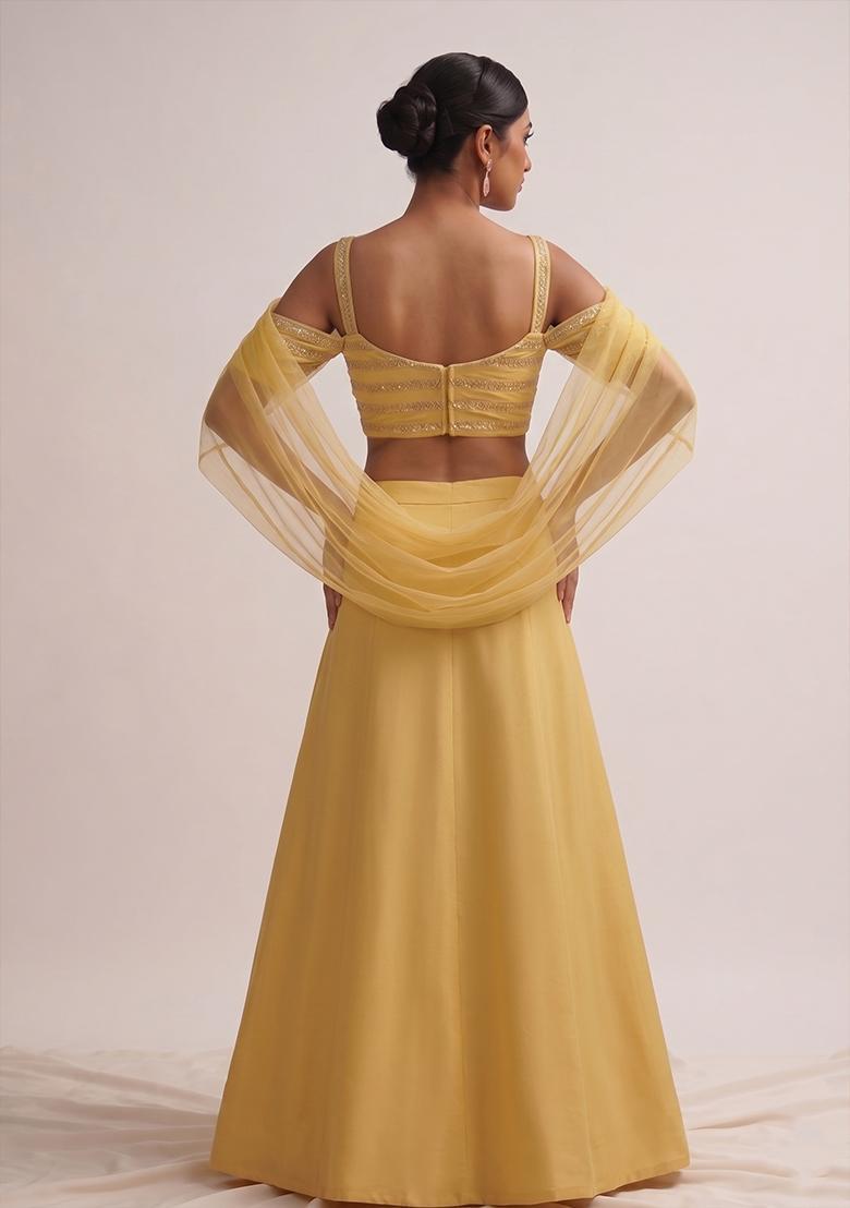 Mustard Yellow Sequin Silk Blend Fusion Set - Indya