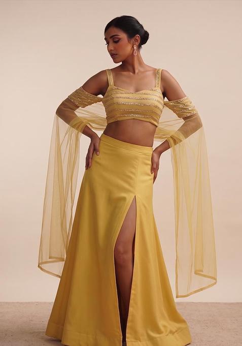 Mustard Yellow Sequin Silk Blend Fusion Set