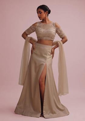 Sand Beige Sequin Silk Blend Fusion Set