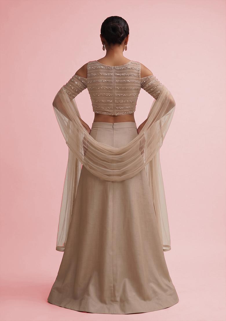 Sand Beige Sequin Silk Blend Fusion Set - Indya