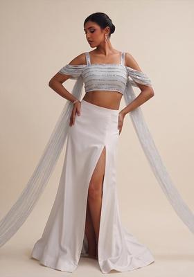 Off White Sequin Silk Blend Fusion Set