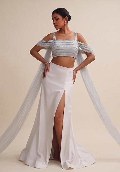Off White Sequin Silk Fusion Set