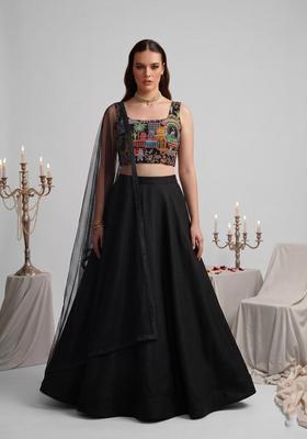 Black Embroidered Crepe Lehenga Set