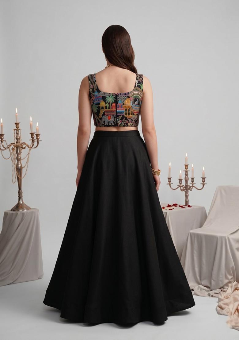 Black Embroidered Crepe Lehenga Set - Indya