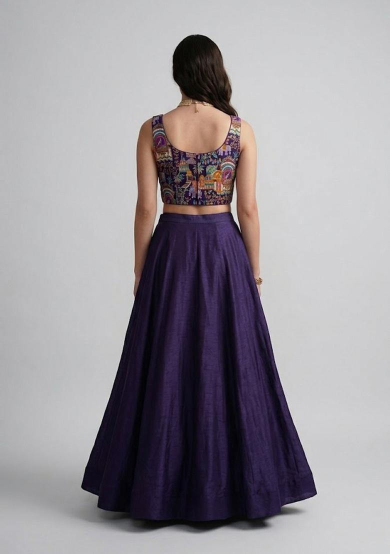 Deep Purple Embroidered Crepe Lehenga Set - Indya
