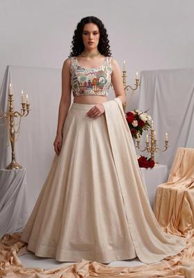 Beige Embroidered Crepe Lehenga Set