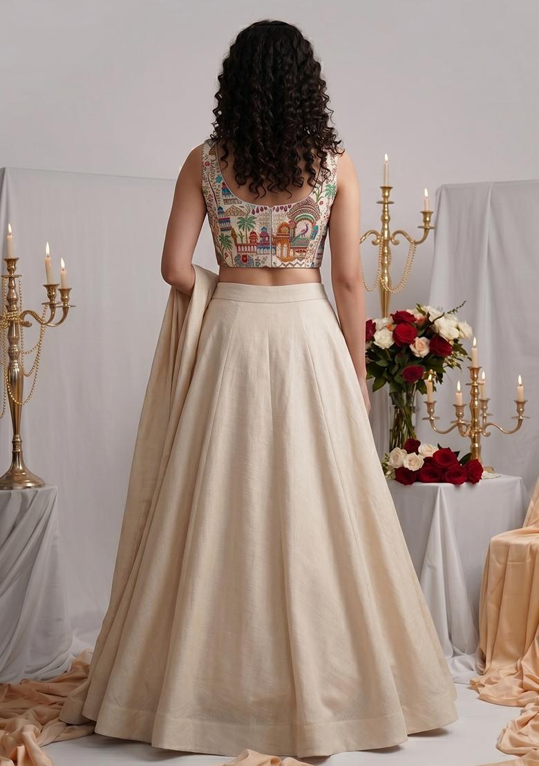 Beige Embroidered Crepe Lehenga Set - Indya