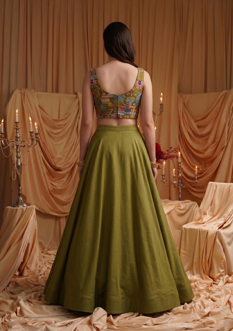 Olive Green Embroidered Crepe Lehenga Set - Indya