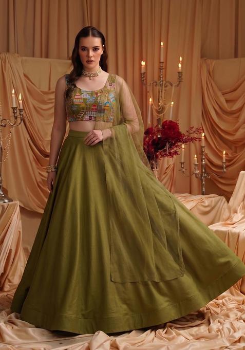 Olive Green Embroidered Crepe Lehenga Set