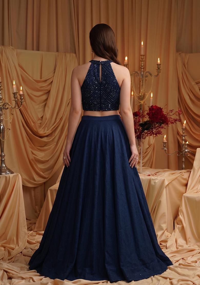 Navy Blue Embellished Net Lehenga Set - Indya
