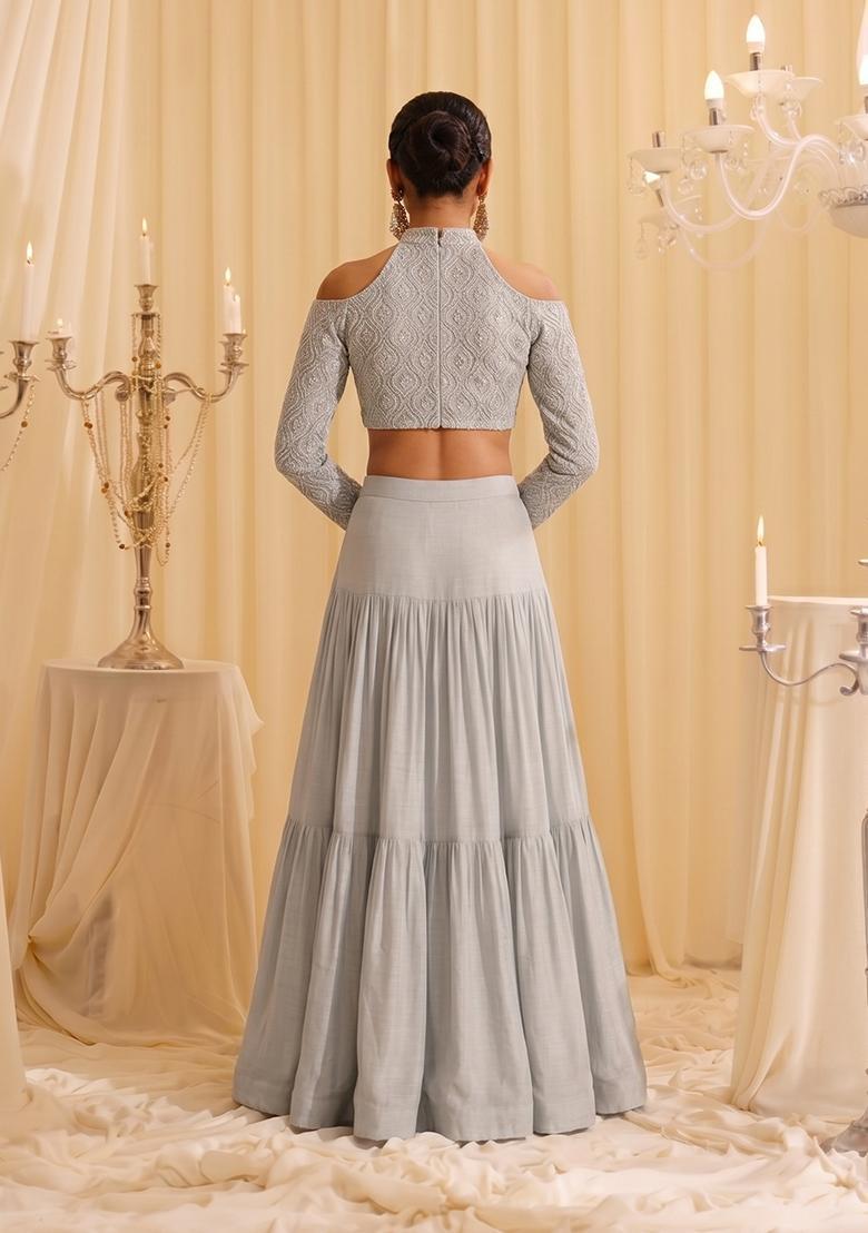 Grey Sequin Georgette Lehenga Set - Indya