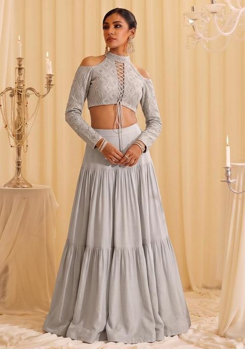 Grey Sequin Georgette Lehenga Set