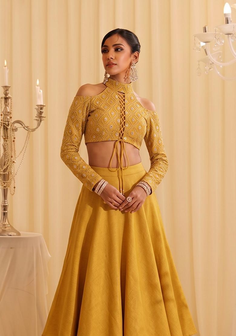 Mustard Sequin Georgette Lehenga Set - Indya