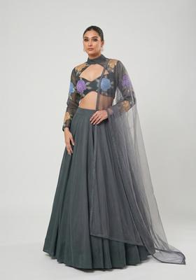 Grey Embroidered Organza Lehenga Set