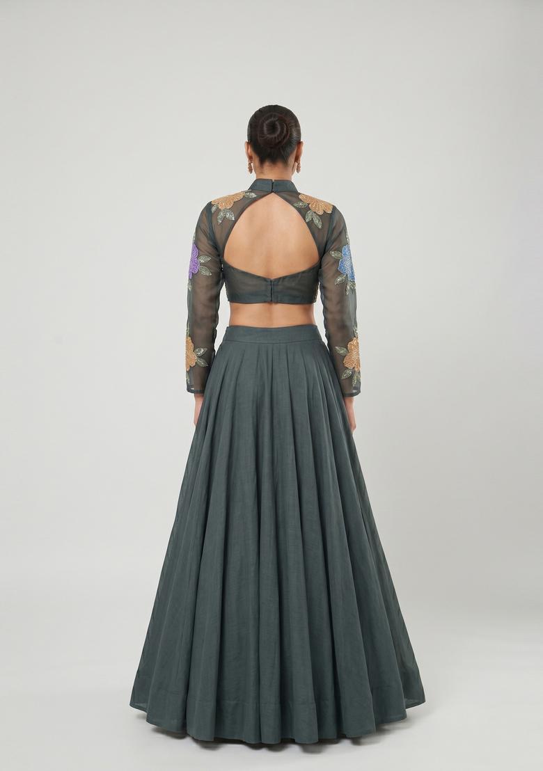 Grey Embroidered Organza Lehenga Set - Indya