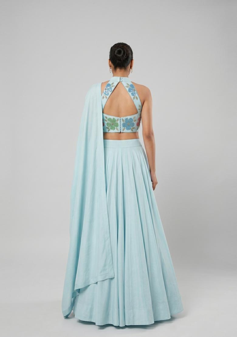 Light Blue Embroidered Organza Lehenga Set - Indya