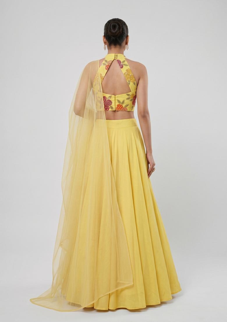 Mustard Embroidered Organza Lehenga Set - Indya