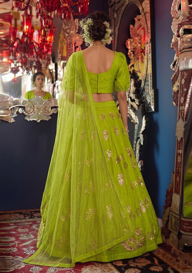 Lime Green Solid Lehenga Set - Indya