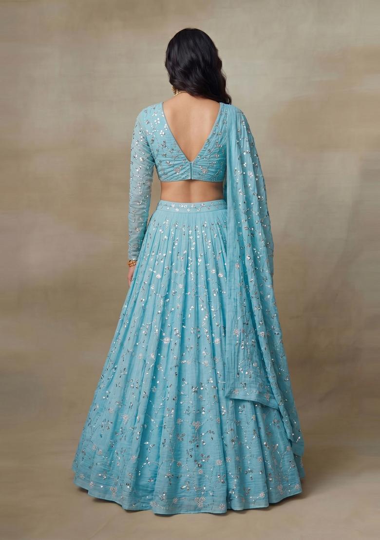 Blue Embellished Lehenga Set - Indya