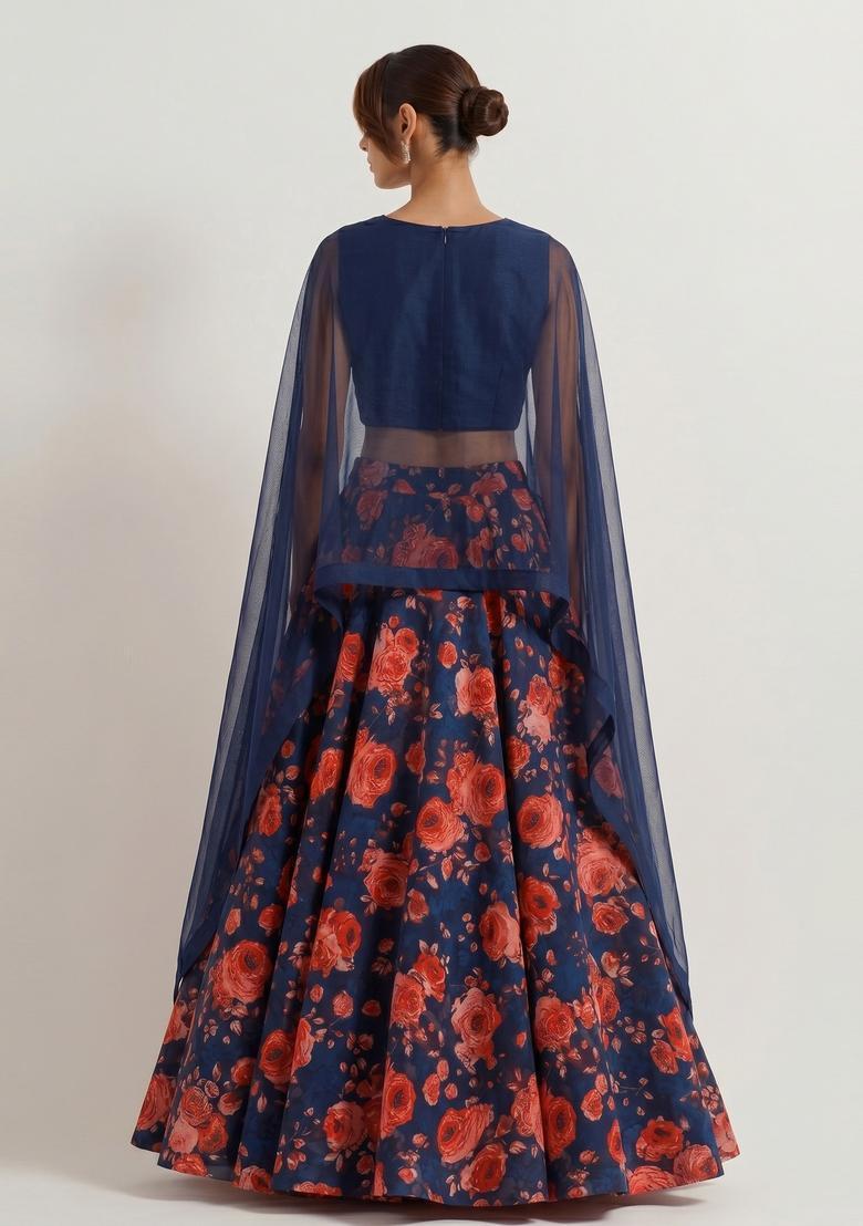 Navy Blue Printed Chiffon Lehenga Set - Indya
