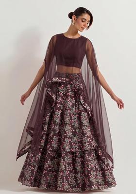 Brown Printed Georgette Lehenga Set