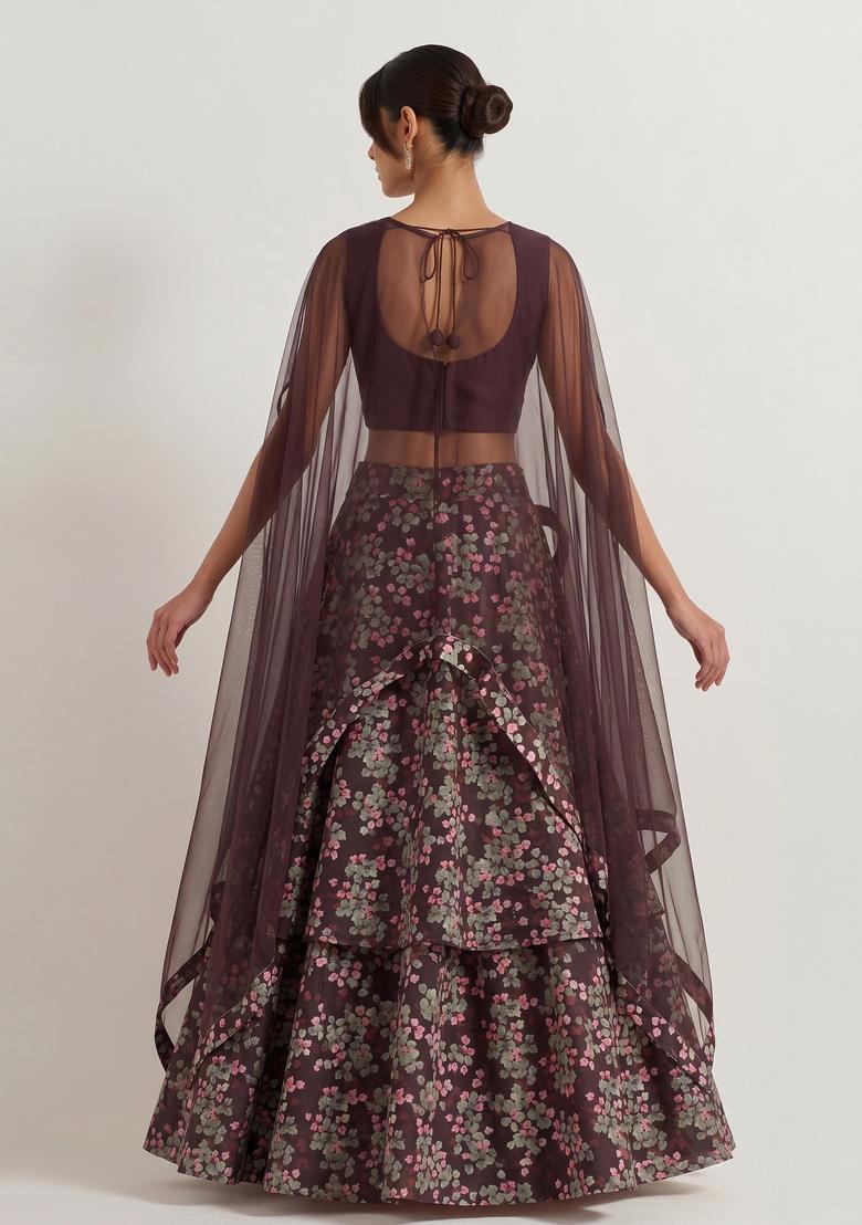 Brown Printed Georgette Lehenga Set - Indya