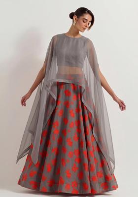 Grey Printed Georgette Lehenga Set