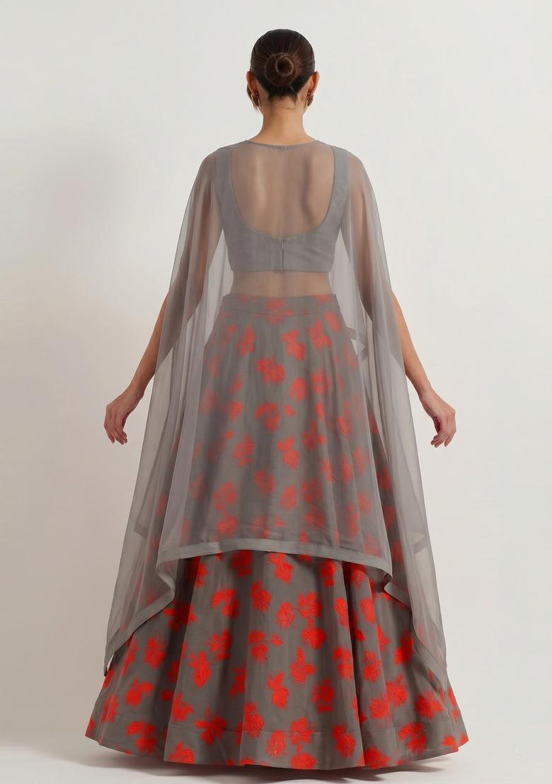Grey Printed Georgette Lehenga Set - Indya