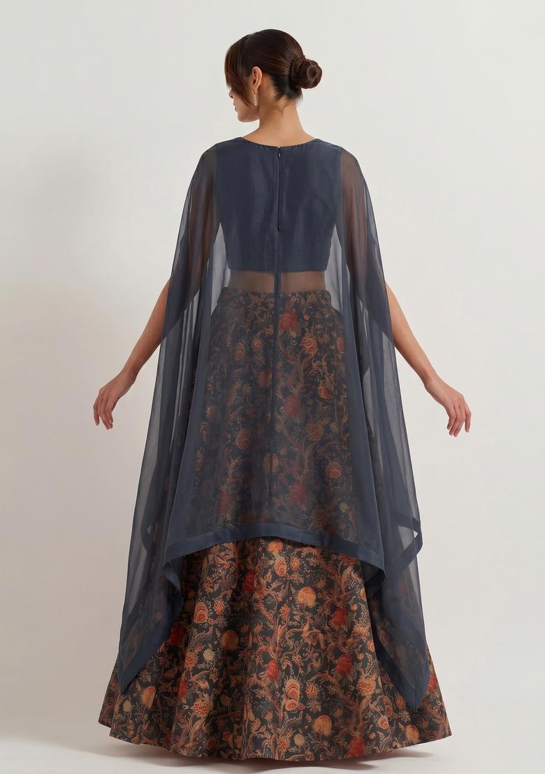 Grey Printed Georgette Lehenga Set - Indya