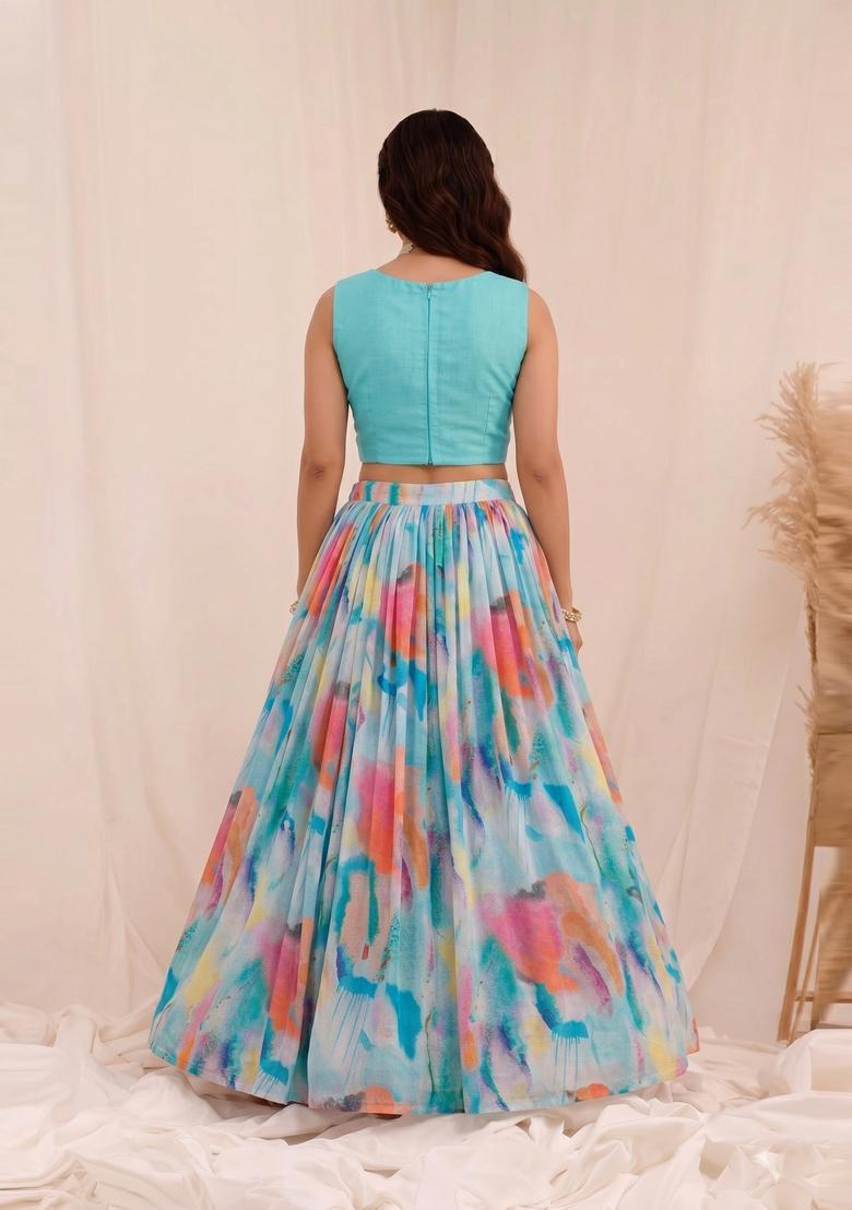Turquoise Blue Solid Organza Lehenga Set - Indya