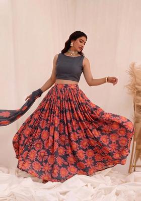Orange Printed Organza Lehenga Set