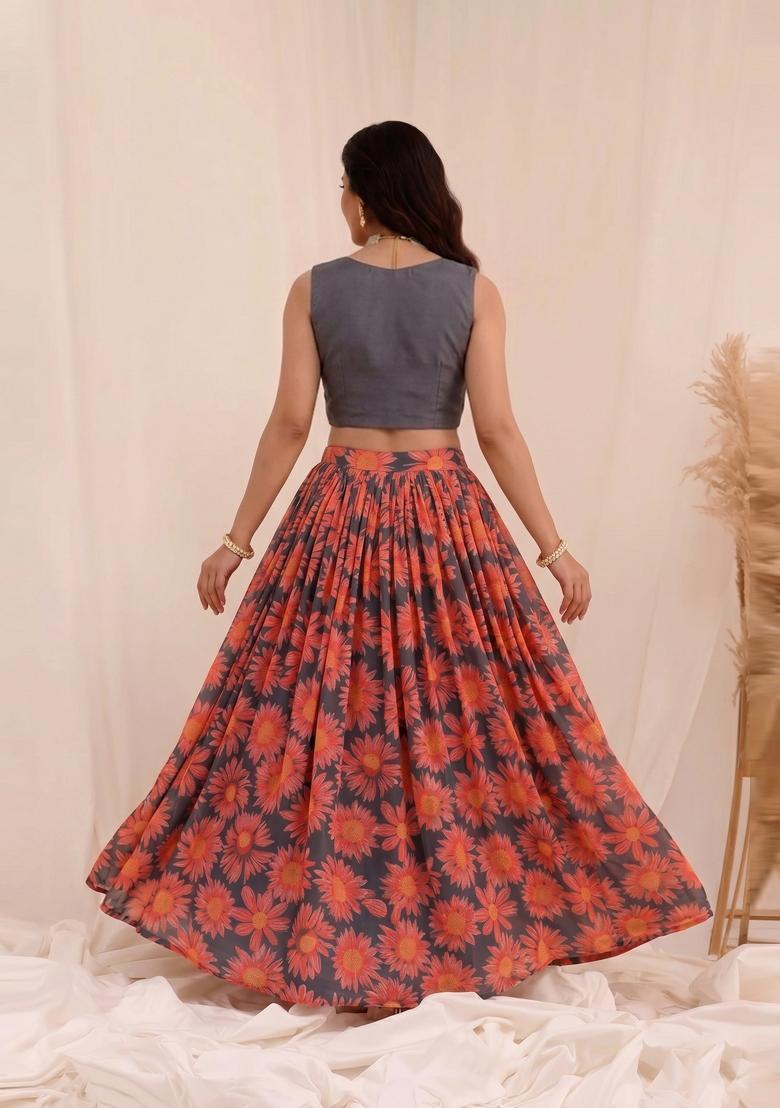 Orange Printed Organza Lehenga Set - Indya