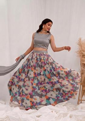 Grey Printed Organza Lehenga Set