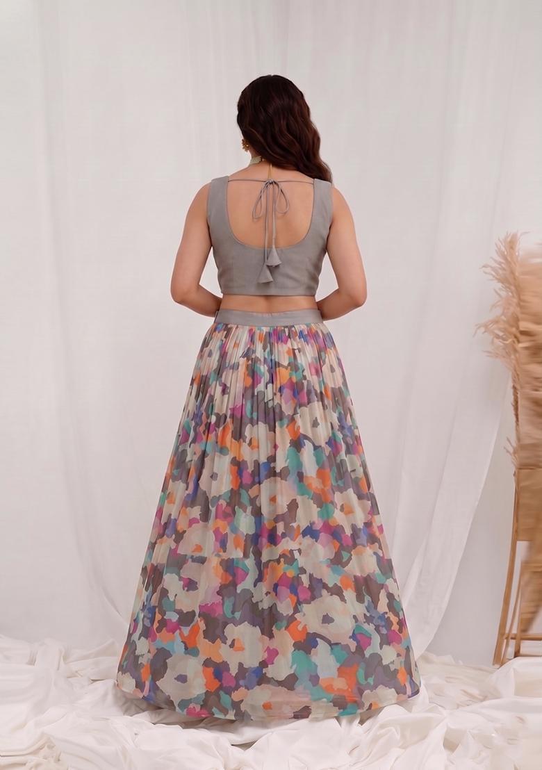 Grey Printed Organza Lehenga Set - Indya