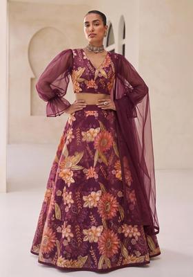 Wine Embroidered Organza Lehenga Set
