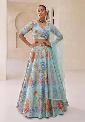 Sky Blue Embroidered Organza Lehenga Set