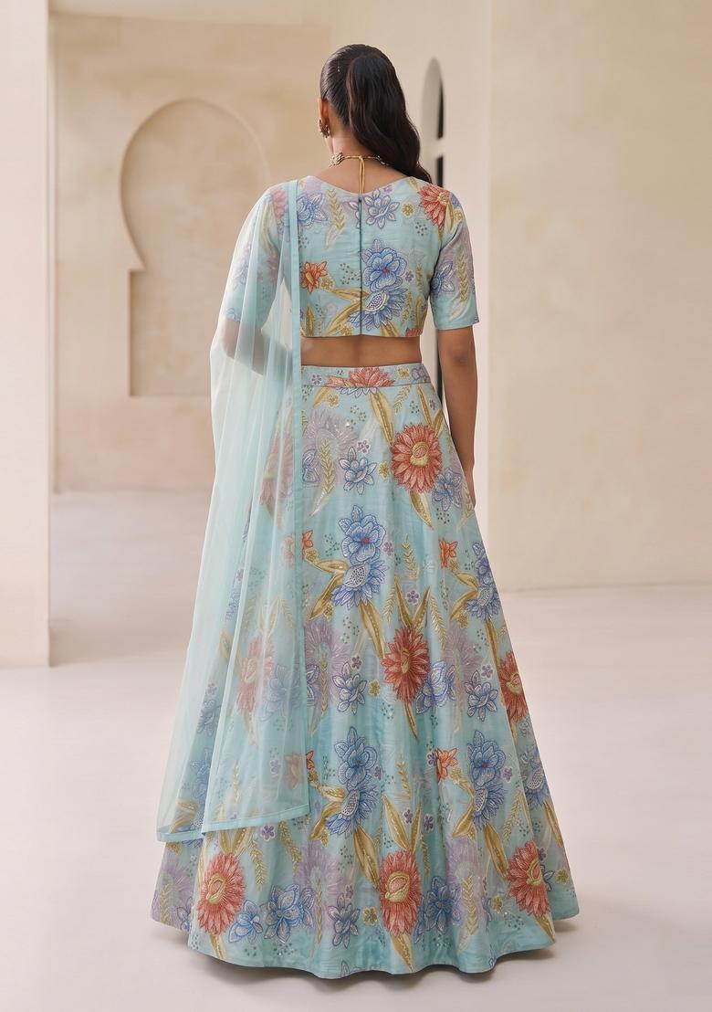 Sky Blue Embroidered Organza Lehenga Set - Indya