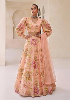 Peach Embroidered Organza Lehenga Set