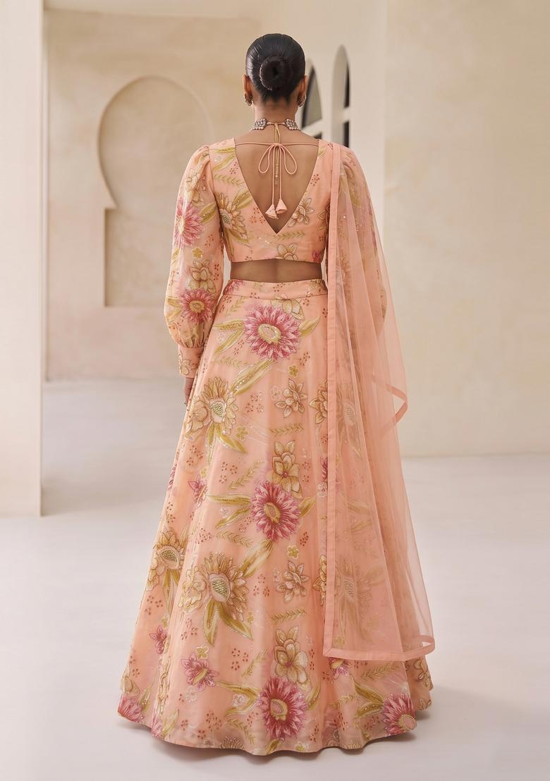 Peach Embroidered Organza Lehenga Set - Indya
